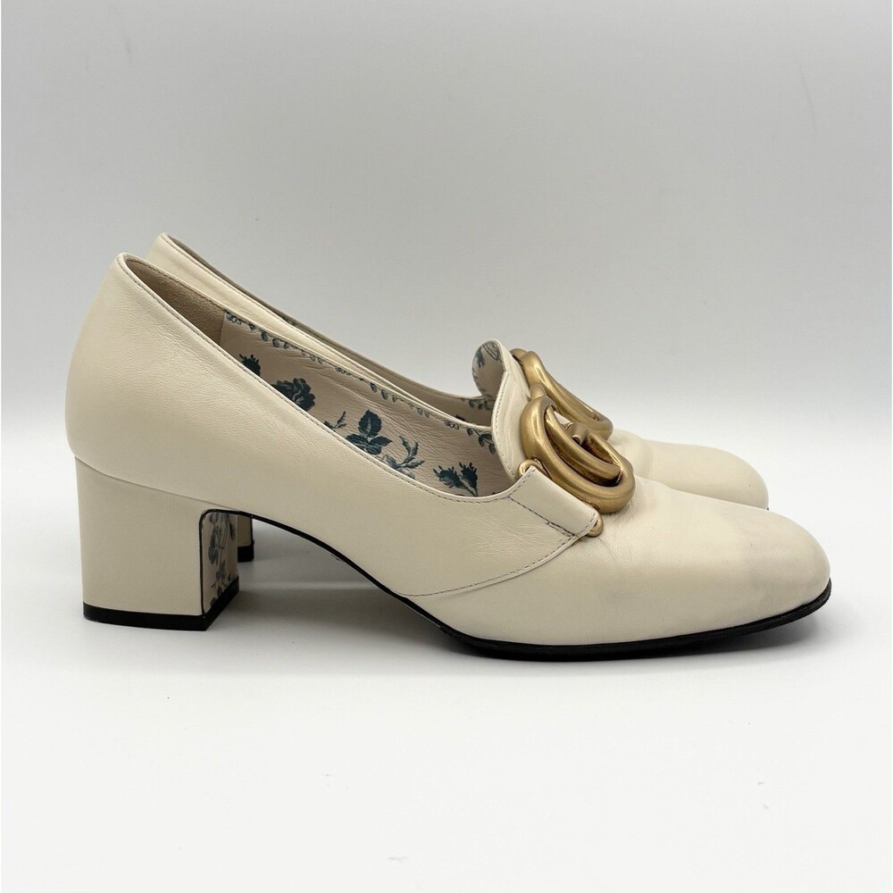 Gucci Victoire GG Block Heel Pumps White/Cream Leather Gold GG Buckle Sz EU 36 - Picture 3 of 14